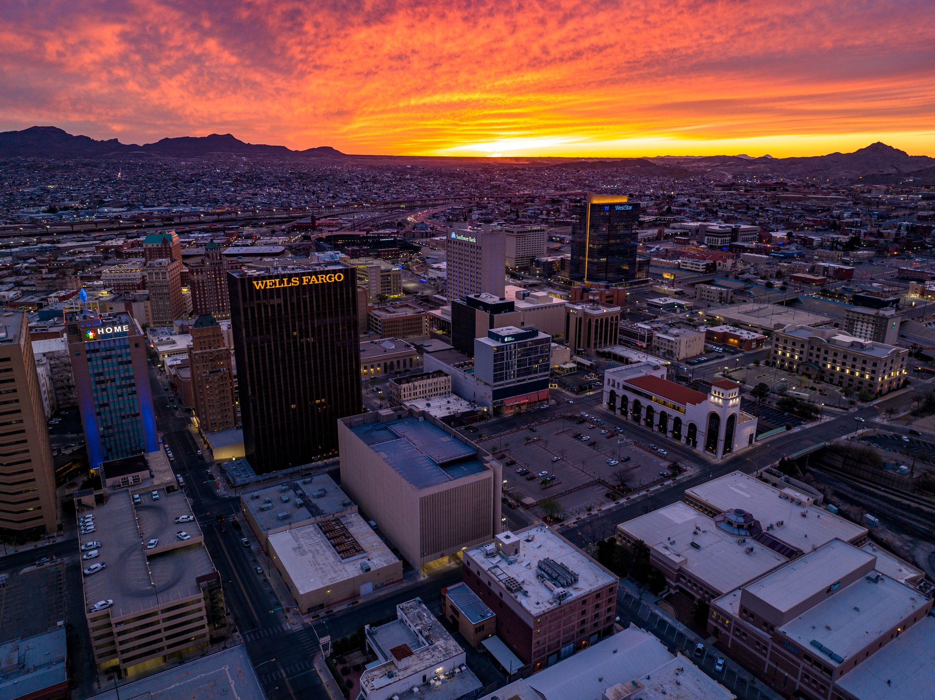 Beautiful sunset aerial shot of El Paso, Texas